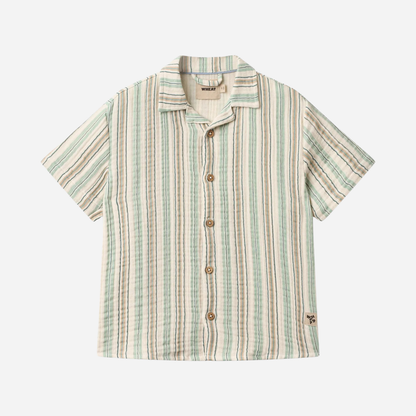 Sold at Bombon Shop, designed by Wheat, summer sky stripe organic cotton short sleeve kids button-down shirt with vertical striped pattern.