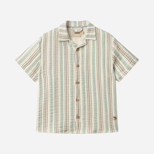 Sold at Bombon Shop, designed by Wheat, summer sky stripe organic cotton short sleeve kids button-down shirt with vertical striped pattern.