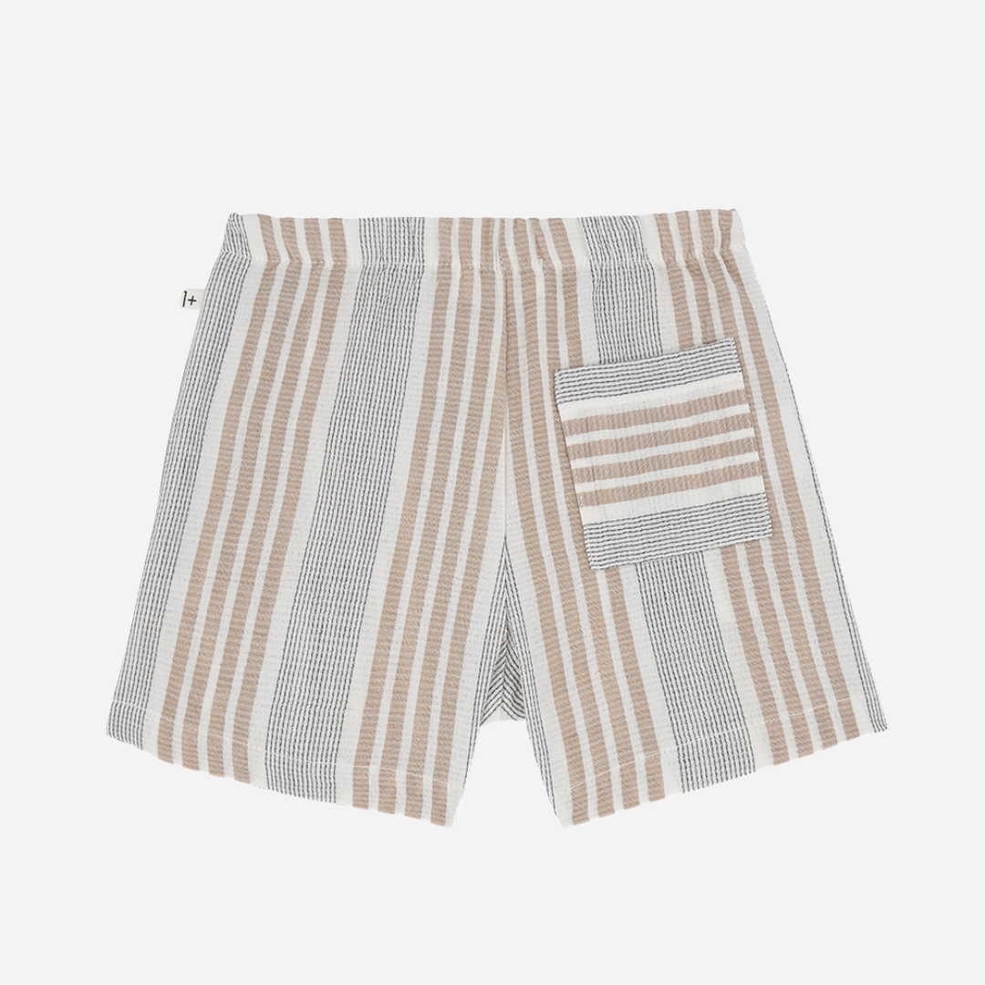 Sold at Bombon shop, designed by 1+ int he family brand, these stiped bermuda shorts for baby boys and toddlers is perfect for spring and summer. back view