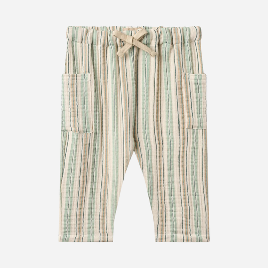 Sold at Bombon Shop, designed by Wheat, summer stripe organic cotton baby trousers with elastic waistband and vertical striped pattern.