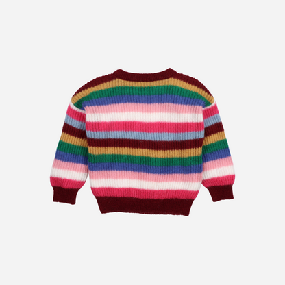 Sold at Bombon Shop, this girls’ sweater by The New Society features bold multicolor stripes in a soft ribbed knit, blending playful tones of pink, burgundy, green, and blue with a cozy crewneck silhouette. back