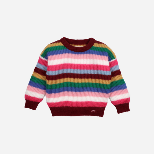 Sold at Bombon Shop, this girls’ sweater by The New Society features bold multicolor stripes in a soft ribbed knit, blending playful tones of pink, burgundy, green, and blue with a cozy crewneck silhouette. front