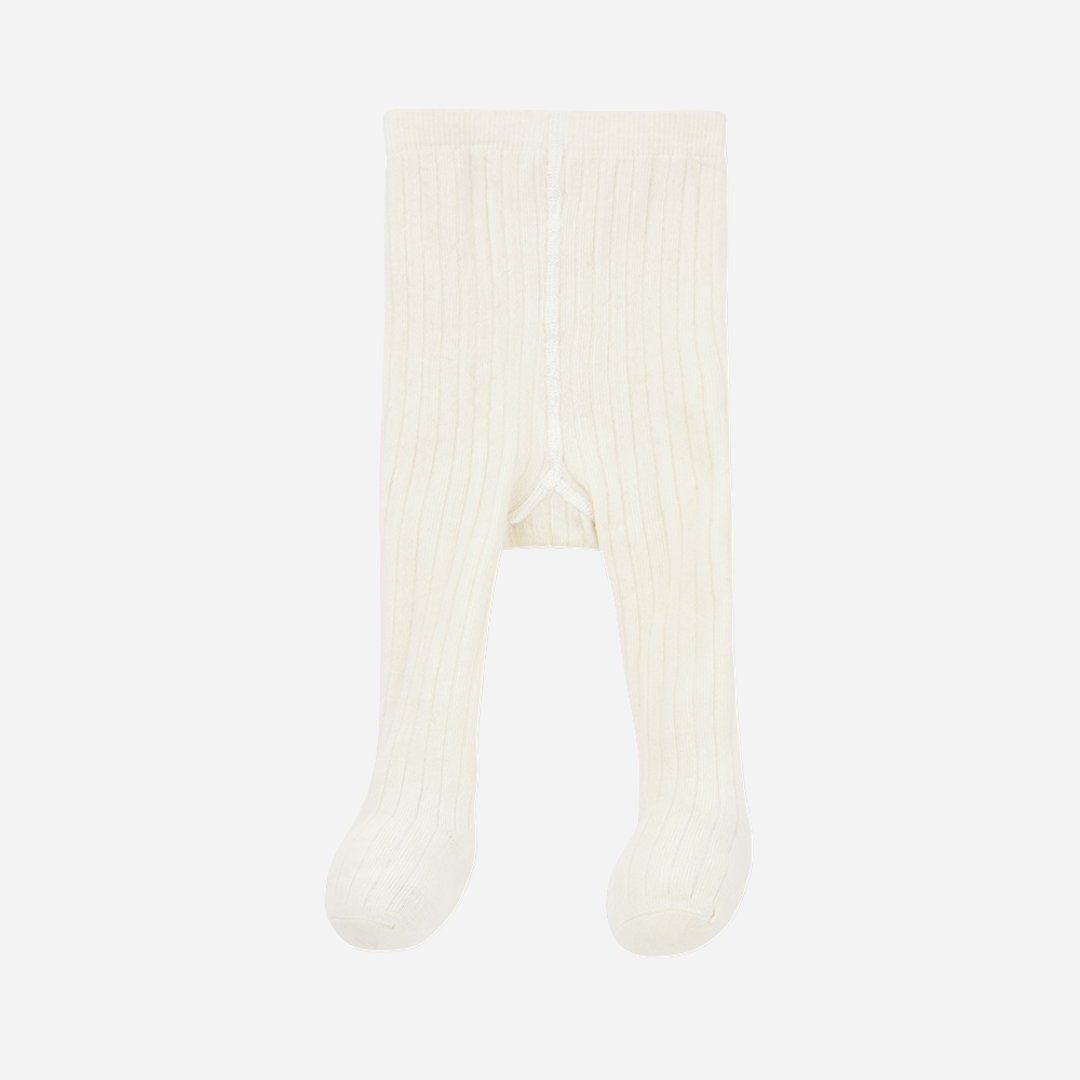 Sold at Bombon shop, designed by 1+ in the family — ecru ribbed baby tights with enclosed feet, photographed flat on white background. front