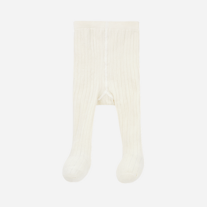 Sold at Bombon shop, designed by 1+ in the family — ecru ribbed baby tights with enclosed feet, photographed flat on white background. front