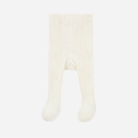 Sold at Bombon shop, designed by 1+ in the family — ecru ribbed baby tights with enclosed feet, photographed flat on white background. front