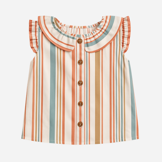 sold at Bombon shop, designed by Paloma de la O brand, this striped blouse with fun corals and blues for baby girls and toddlers is ideal for spring and summer. front view