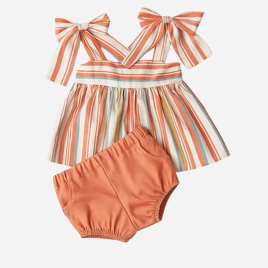 sold at Bombon shop, designed by Paloma de la O, this two piece striped set for baby girls and toddlers is perfect for spring and summer.  set view