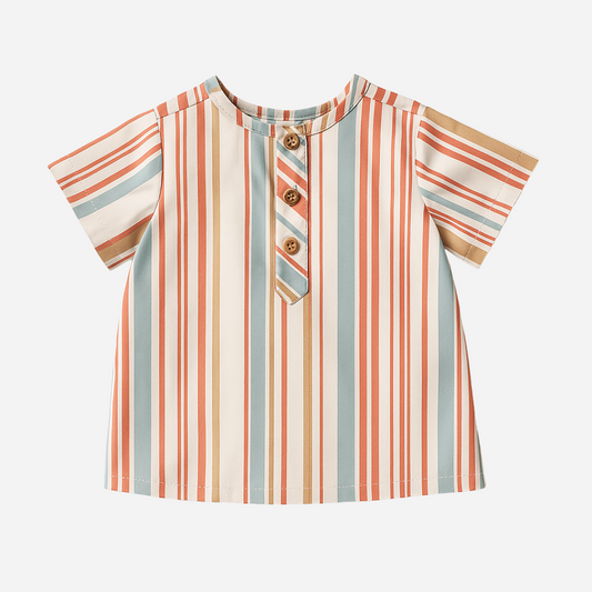Sold at Bombon shop, designed by Paloma de la O brand, this striped shirt in fun corals and blues for baby boys and toddlers is ideal for spring and summer. front view