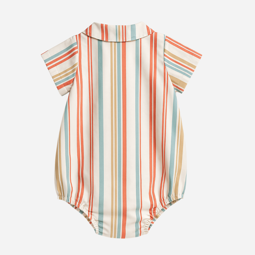 Sold at Bombon shop, designed by Paloma de la O, this striped romper for baby boys is ideal for spring and summer. back view