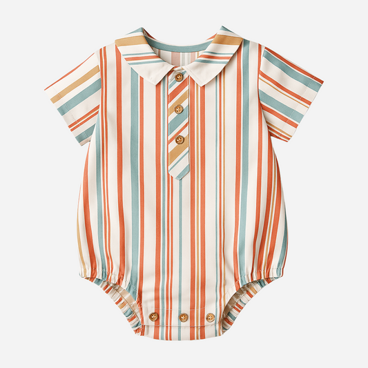 Sold at Bombon shop, designed by Paloma de la O, this striped romper for baby boys is ideal for spring and summer. Front view. 