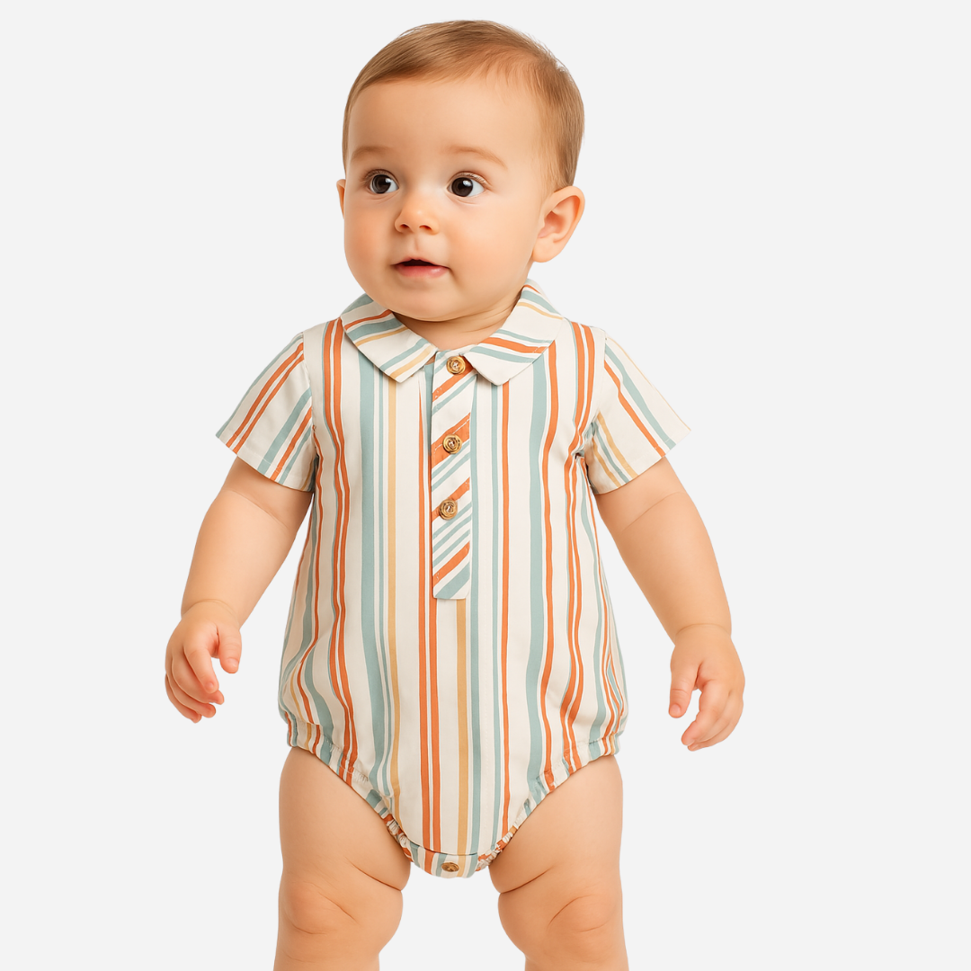 Sold at Bombon shop, designed by Paloma de la O, this striped romper for baby boys is ideal for spring and summer. model view