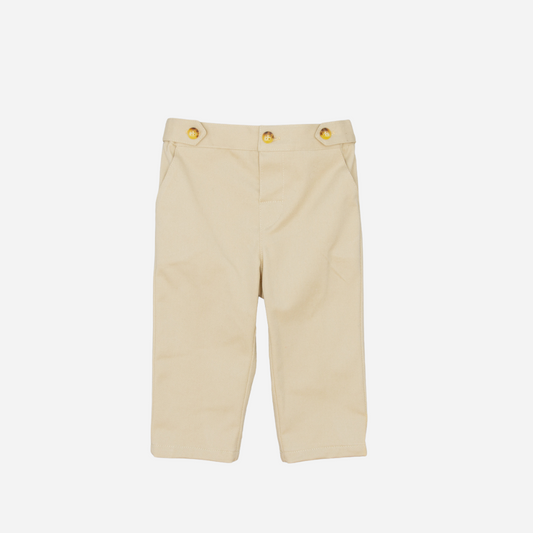 Sold at Bombon shop, designed by Fina Ejerique, beige twill baby trousers with waistband button details and side pockets. front