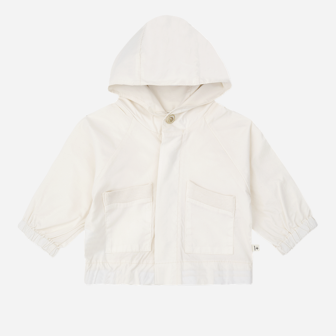 Sold at Bombon Shop, designed by 1+ in the family, off-white baby hooded jacket with front pockets and soft cotton fabric.
