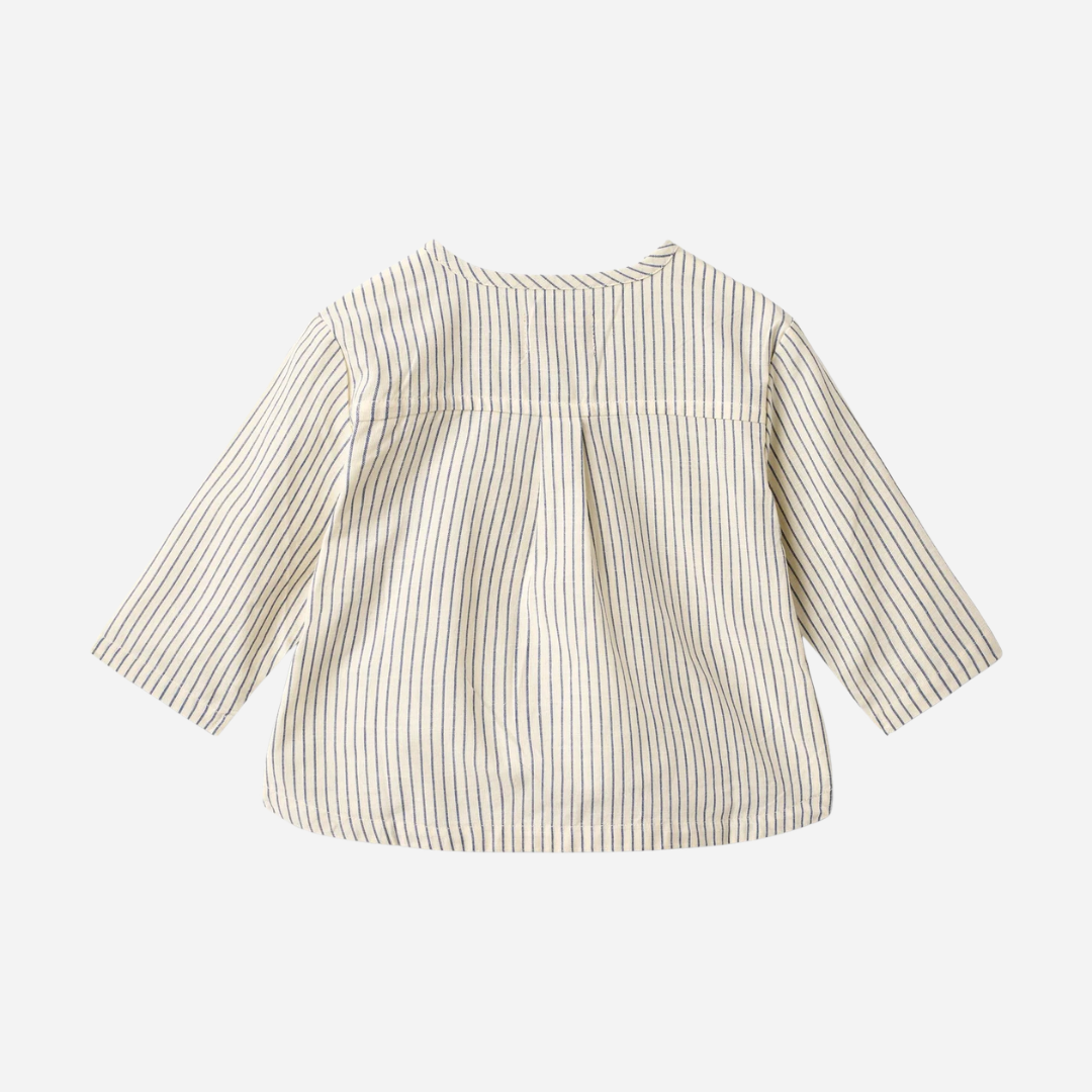 Sold at Bombon Shop, designed by Wheat, blue stripe organic cotton kids long sleeve button-down shirt with vertical blue stripes.