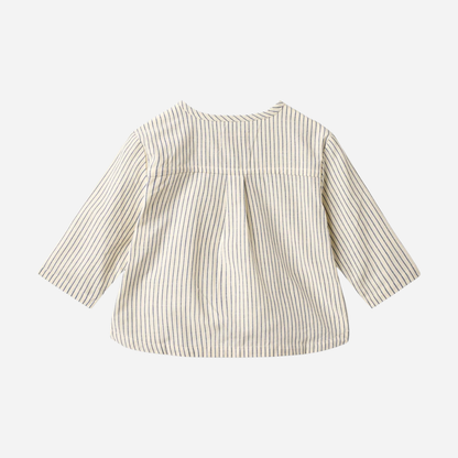 Sold at Bombon Shop, designed by Wheat, blue stripe organic cotton kids long sleeve button-down shirt with vertical blue stripes.