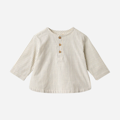 Sold at Bombon Shop, designed by Wheat, blue stripe organic cotton kids long sleeve button-down shirt with vertical blue stripes.
