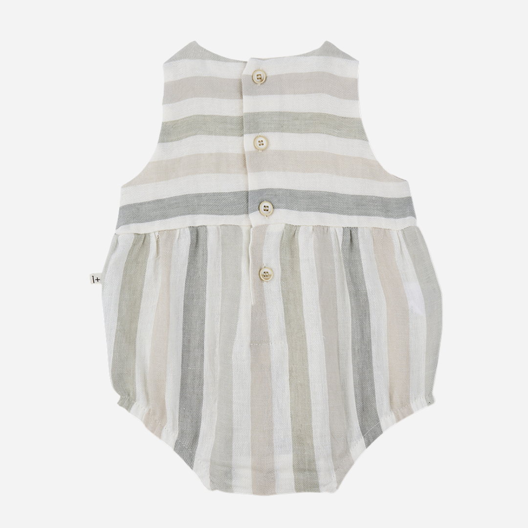 Sold at Bombon Shop, designed by 1+ in the family, beige striped baby romper with soft cotton fabric and relaxed silhouette.