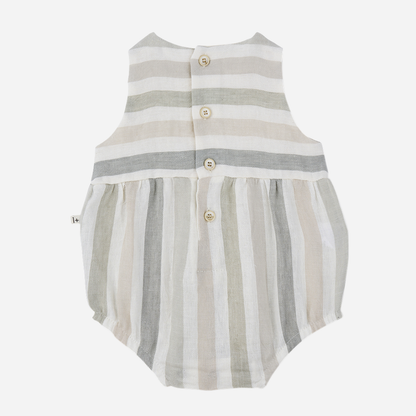 Sold at Bombon Shop, designed by 1+ in the family, beige striped baby romper with soft cotton fabric and relaxed silhouette.