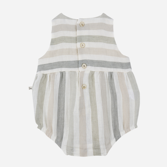 Sold at Bombon Shop, designed by 1+ in the family, beige striped baby romper with soft cotton fabric and relaxed silhouette.