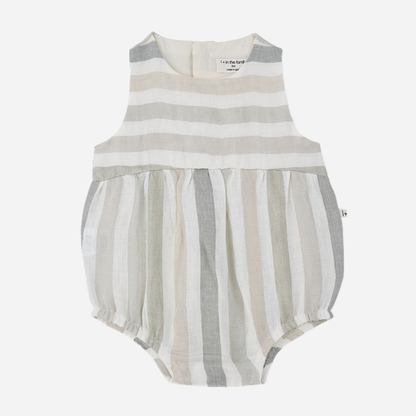 Sold at Bombon Shop, designed by 1+ in the family, beige striped baby romper with soft cotton fabric and relaxed silhouette.
