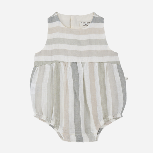 Sold at Bombon Shop, designed by 1+ in the family, beige striped baby romper with soft cotton fabric and relaxed silhouette.