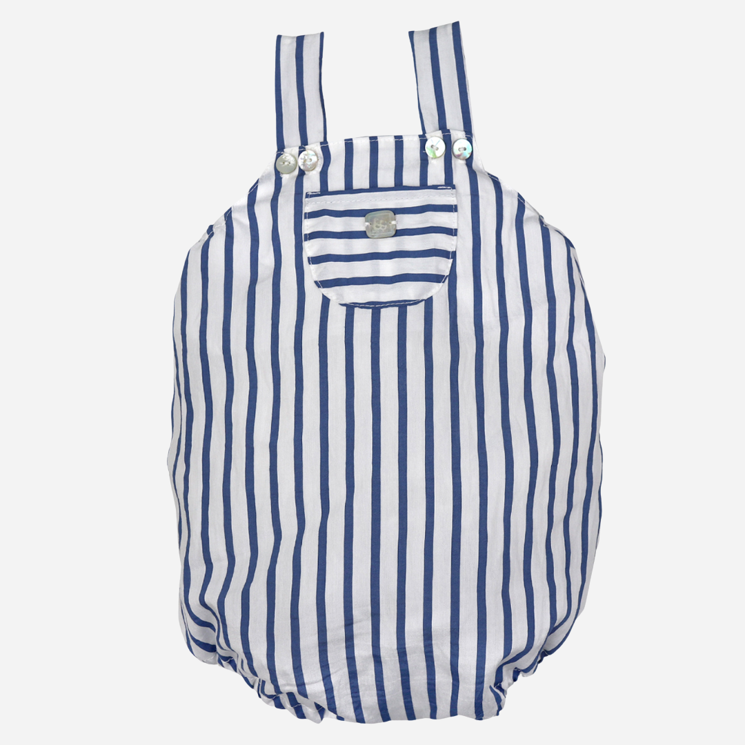 sold at Bombon shop, designed by Al Agua Patos brand, this blue and white striped romper for baby boys is perfect for spring and summer. front view