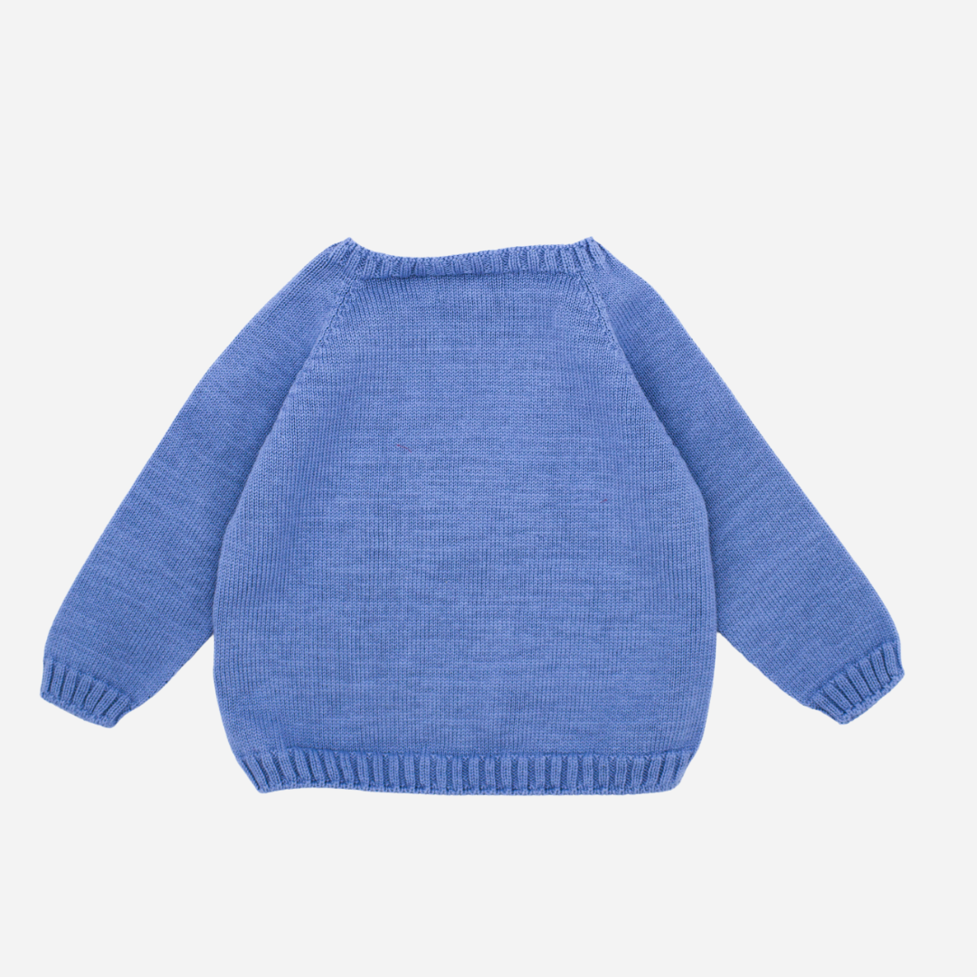 Sold at Bombon shop, designed by Fina Ejerique brand, a blue fish sweater for babies and toddlers perfect for spring and summer. Back view 