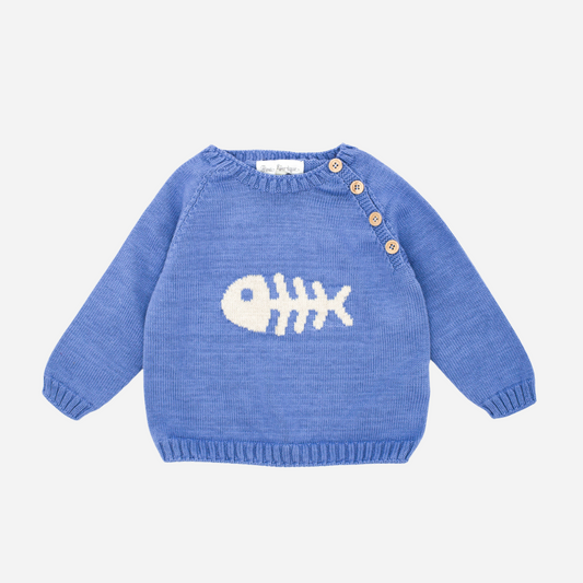 Sold at Bombon shop, designed by Fina Ejerique brand, a blue fish sweater for babies and toddlers perfect for spring and summer. Front view 