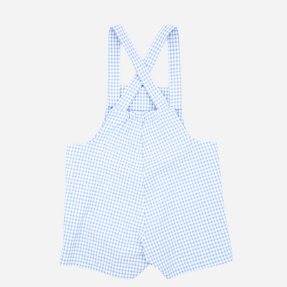 Sold at Bombon shop, designed by Fina Ejerique brand, blue gingham baby overalls perfect for spring and summer. Back view