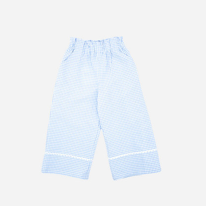 sold at Bombon shop, designed by Fina Ejerique brand, blue gingham pants for toddlers are perfect for spring and summer. front view