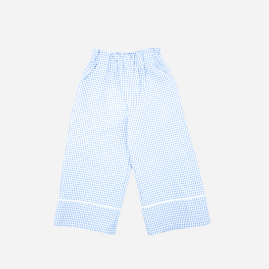 sold at Bombon shop, designed by Fina Ejerique brand, blue gingham pants for toddlers are perfect for spring and summer. front view