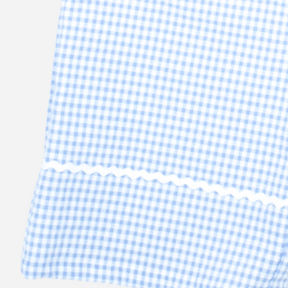 sold at Bombon shop, designed by Fina Ejerique brand, blue gingham pants for toddlers are perfect for spring and summer. zoom view