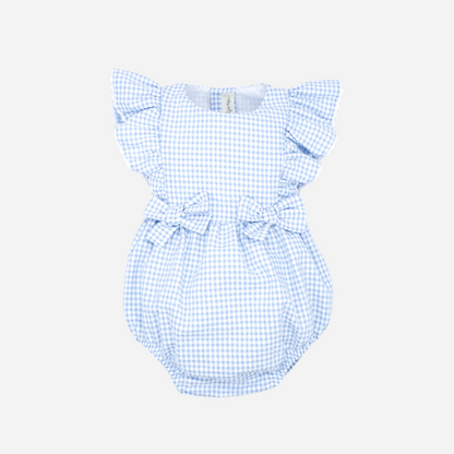 Sold in Bombon shop, designed by Fina Ejerique brand a gingham blue ruffle baby romper ideal for spring and summer. Front view
