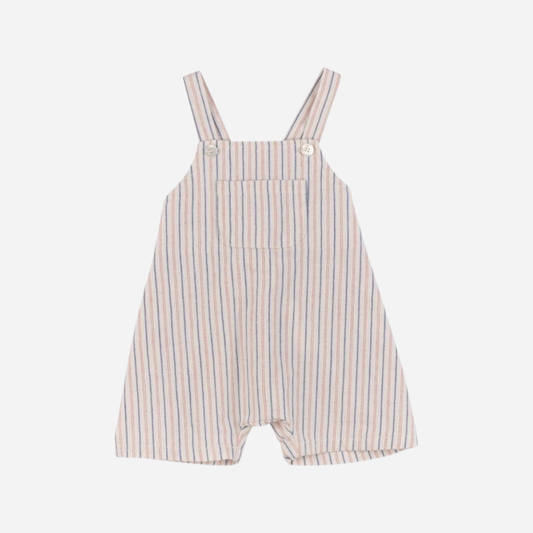 Sold at Bombon Shop, designed by Babe & Tess, striped baby short overalls in lightweight cotton with blue and terracotta stripes, adjustable button straps, front patch pocket, and relaxed fit for babies and toddlers.