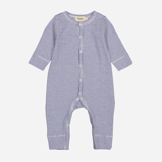 Sold at Bombon shop, designed by Mar Mar Copenhagen brand, this soft jumpsuit in a thin blue line print for baby boys is perfect for any occasion.