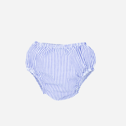 sold at Bombon shop, designed by fina ejerique brand, blue striped baby bloomer perfect for spring and summer. front view
