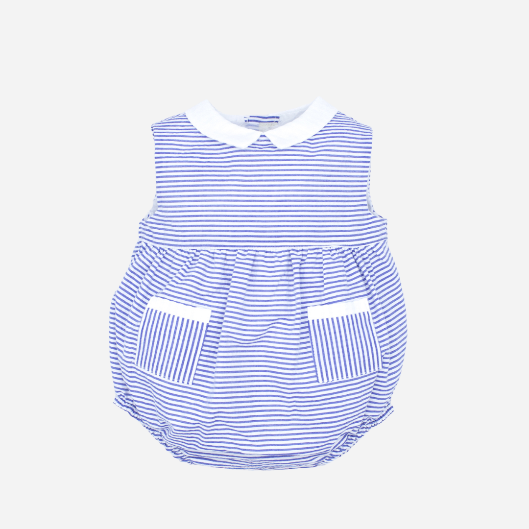 Sold at Bombon shop, designed by Fina Ejerique brand, blue striped baby romper perfect for spring and summer. front view