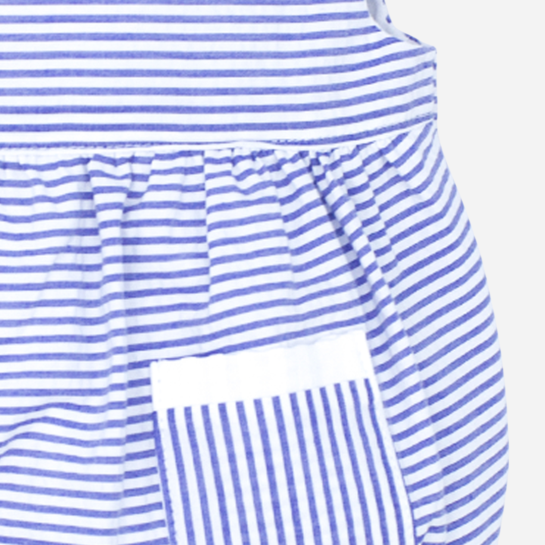 Sold at Bombon shop, designed by Fina Ejerique brand, blue striped baby romper perfect for spring and summer. zoom view