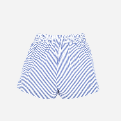 Sold at Bombon shop, designed by Fina Ejerique brand, blue striped bermuda shorts for babies and toddlers perfect for summer and spring. Back view