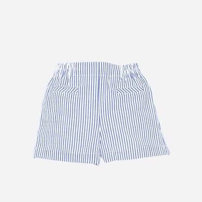 Sold at Bombon shop, designed by Fina Ejerique brand, blue striped bermuda shorts for babies and toddlers perfect for summer and spring. Front view