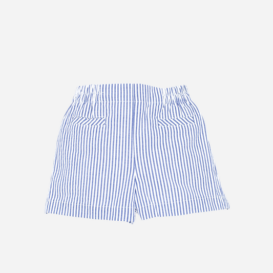 Sold at Bombon shop, designed by Fina Ejerique brand, blue striped bermuda shorts for babies and toddlers perfect for summer and spring. Front view