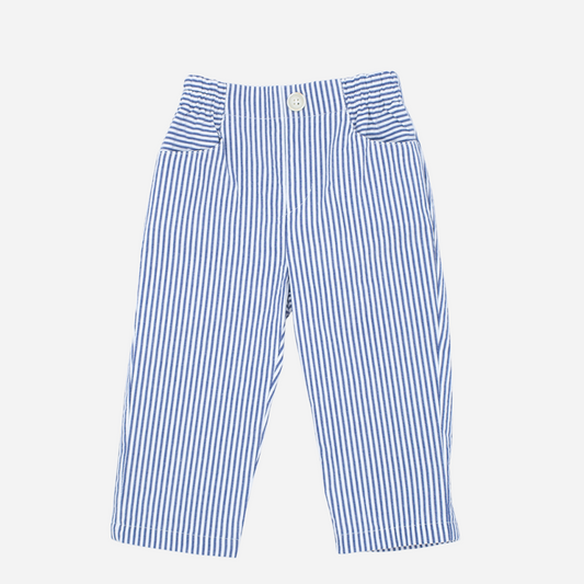 Sold at Bombon shop, designed by Fina Ejerique brand, blue striped trousers for baby and toddlers, perfect for spring and summer. Front view