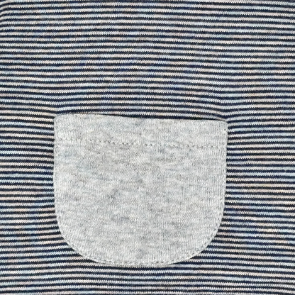 Sold at Bombon shop, designed by Tiny Soul — navy and ivory striped baby shirt with shoulder button and grey front pocket. pocket detail