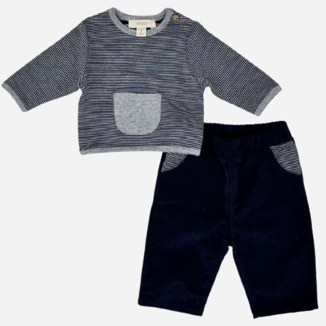 Sold at Bombon shop, designed by Tiny Soul — navy and ivory striped baby shirt with shoulder button and grey front pocket. as a set