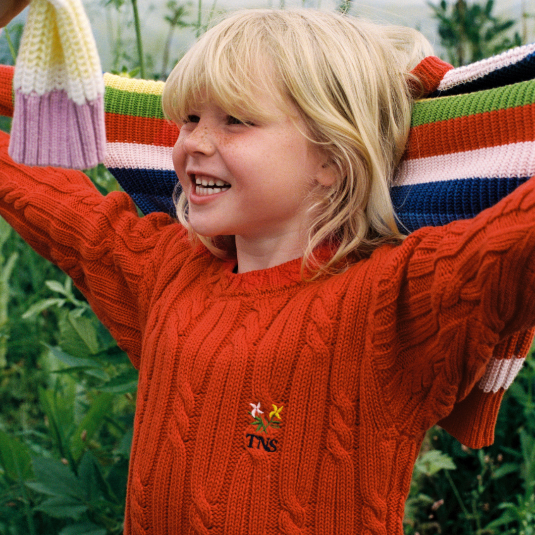 sold at Bombon, designed by The New Society red knit kids jumper in tulip red 100% cotton textured sweater matching shorts set