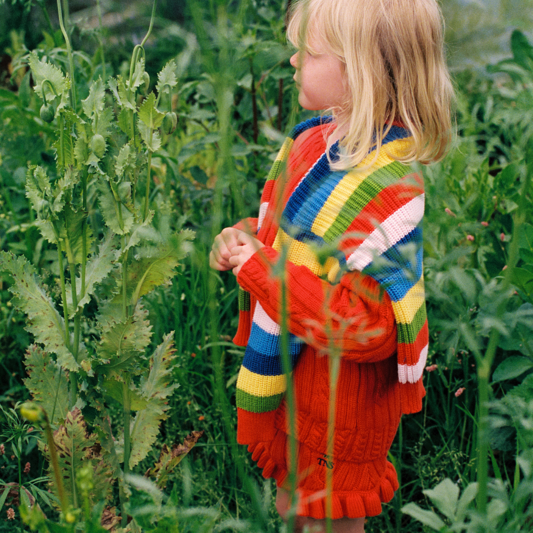 sold at Bombon, designed by The New Society red knit kids jumper in tulip red 100% cotton textured sweater matching shorts set