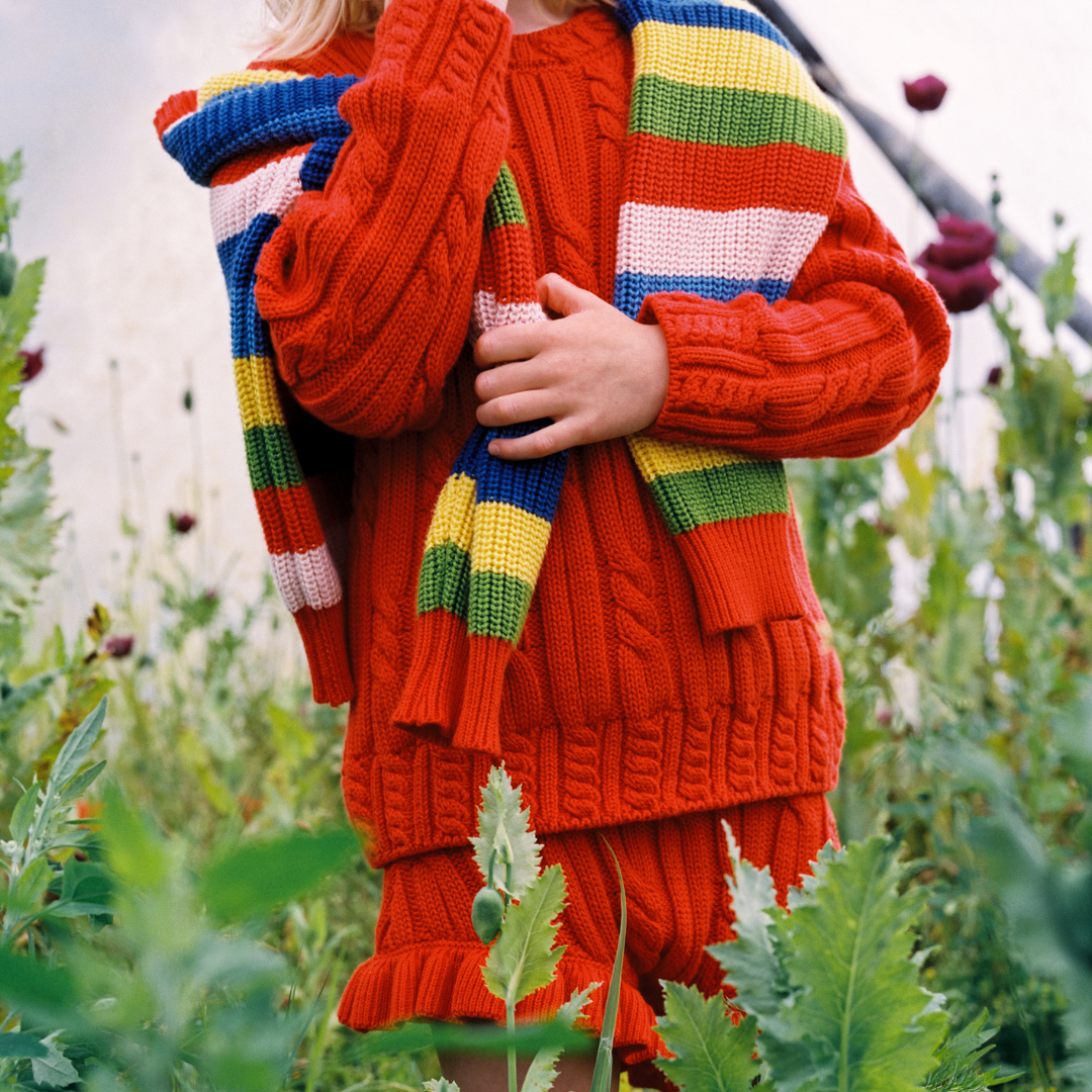 sold at Bombon, designed by The New Society red knit kids jumper in tulip red 100% cotton textured sweater matching shorts set