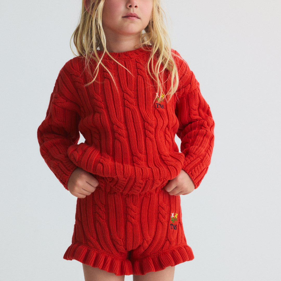 sold at Bombon, designed by The New Society red knit kids jumper in tulip red 100% cotton textured sweater matching shorts set