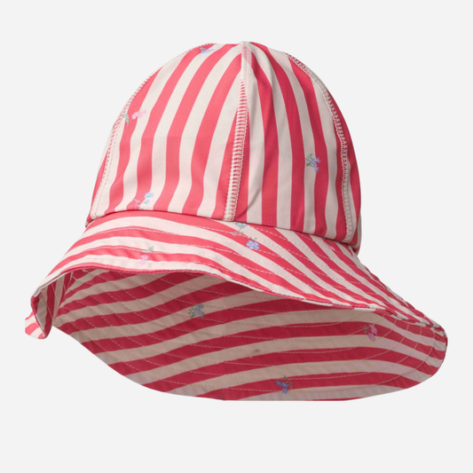 Sold at Bombon Shop, designed by Wheat, red stripe flowers UV sun hat with soft brim in recycled fabric.