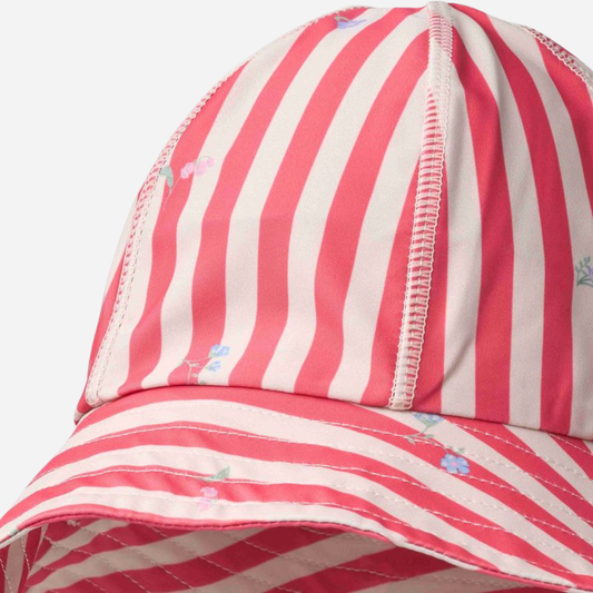 Sold at Bombon Shop, designed by Wheat, red stripe flowers UV sun hat with soft brim in recycled fabric.